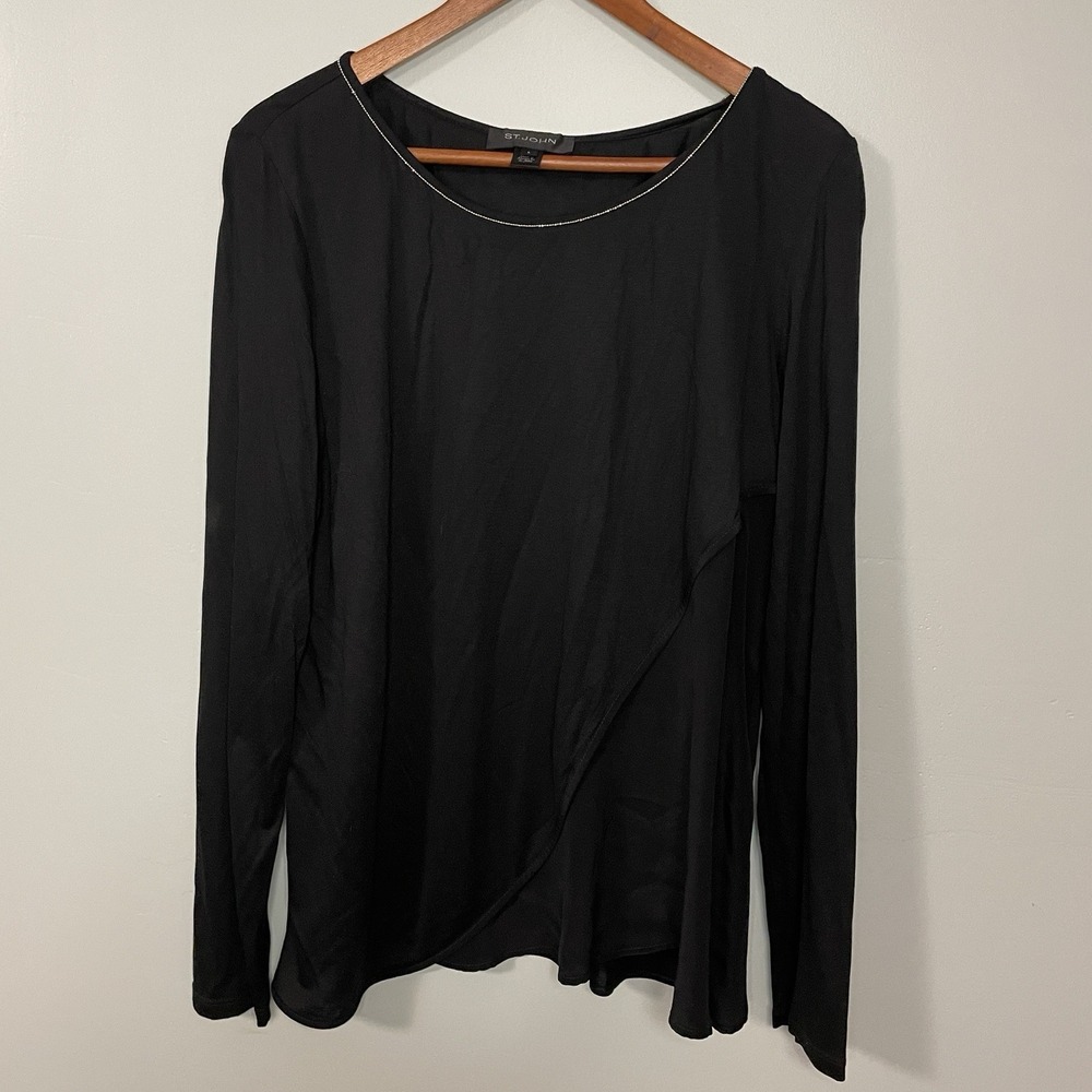 St. John Womens Size L Black Viscose Silk Blend Beaded Long Sleeve Blouse Top